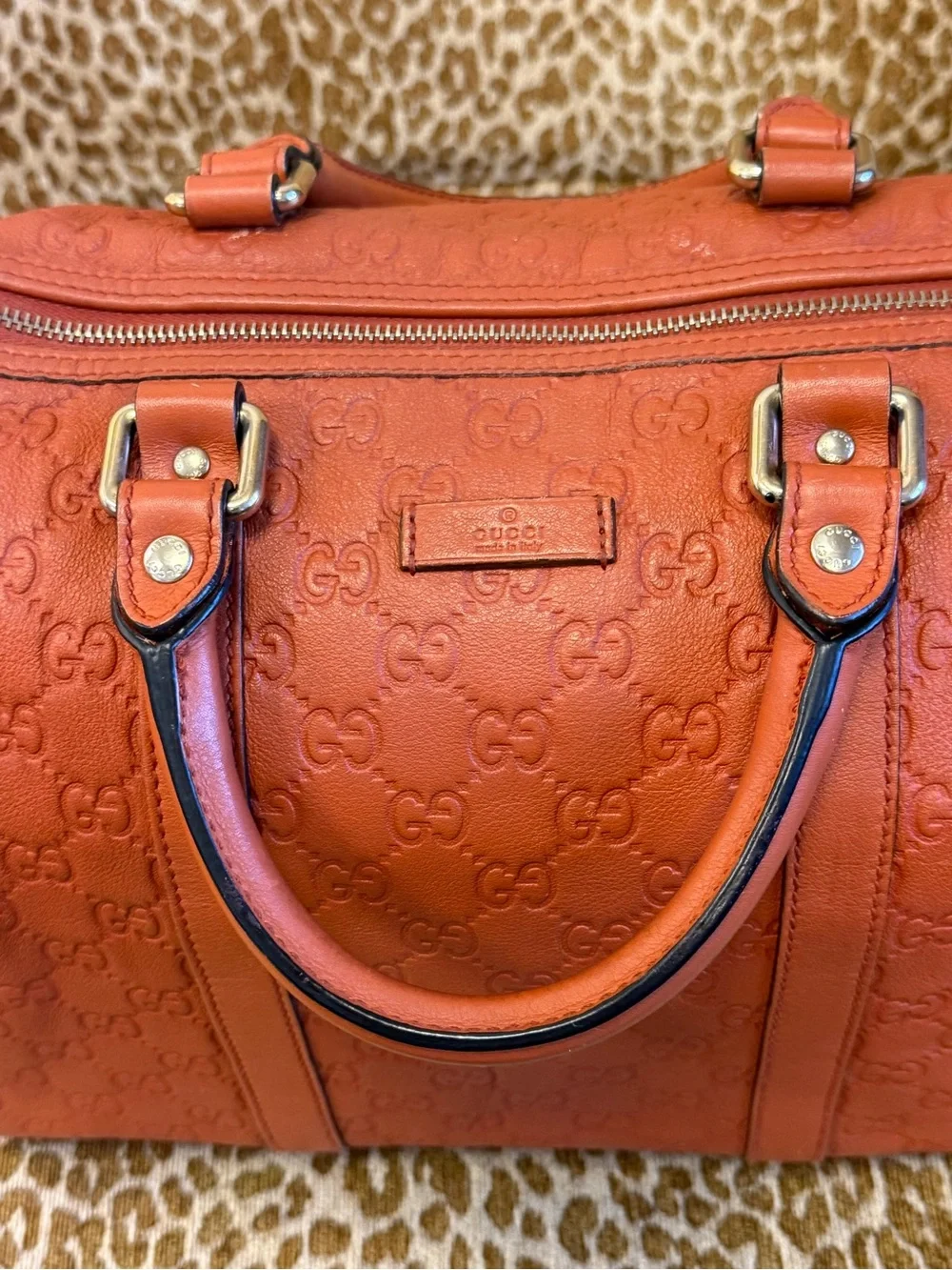 💯Authentic! GUCCI GG Guccissima Medium Joy Boston Bag Brown/Orange/Rust Leather
